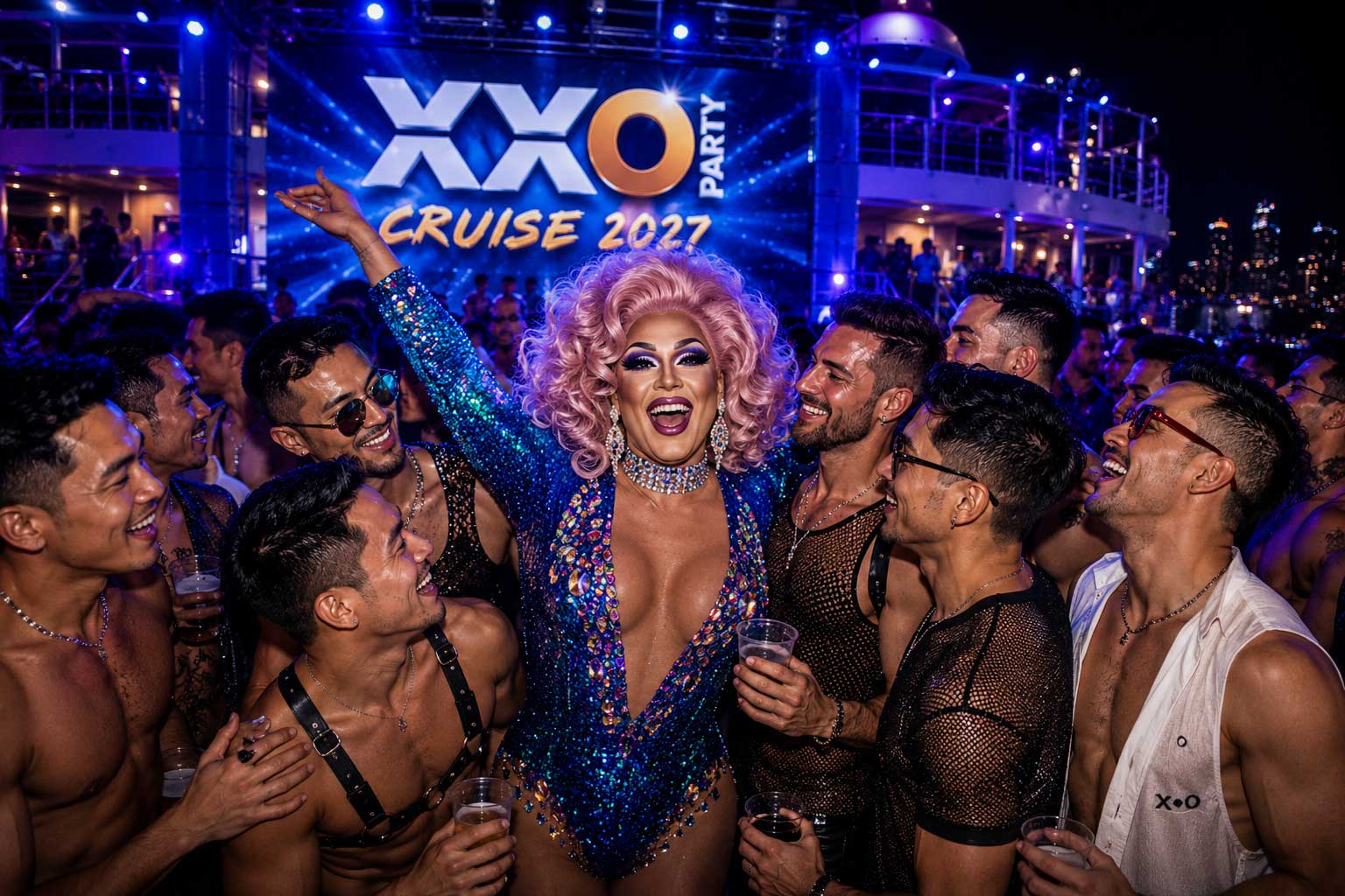 Adult drag performer celebrating with guests at XXO Party Cruise