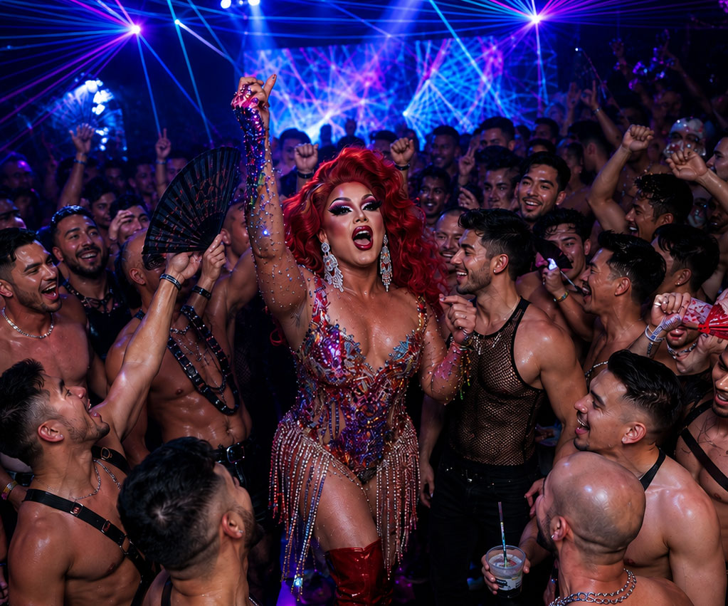 Adult drag performer celebrating with guests at XXO Party Cruise