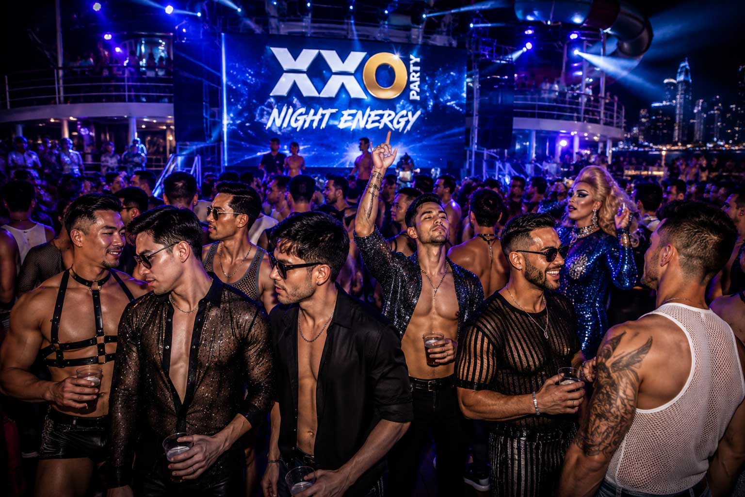Adult men dressed in varied party looks at an XXO night party